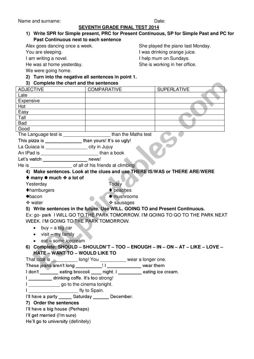 final test 7th form worksheet