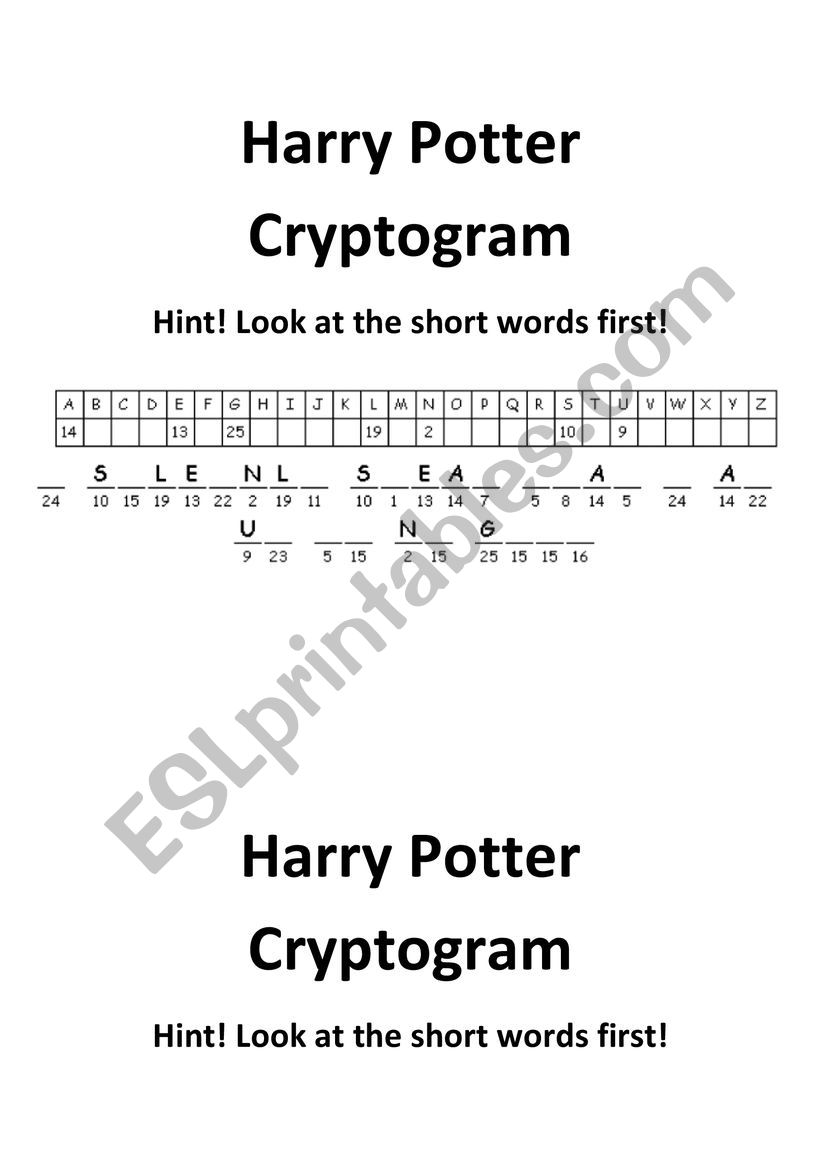 Harry Potter Cryptogram worksheet