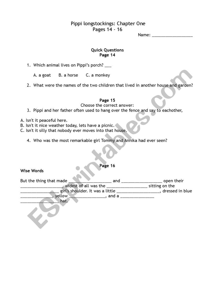 Pippi Longstocking worksheet