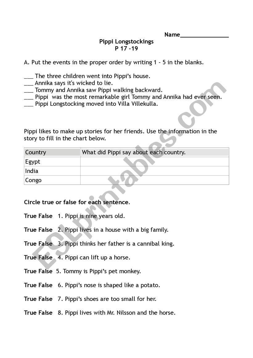 Pippi Longstocking worksheet