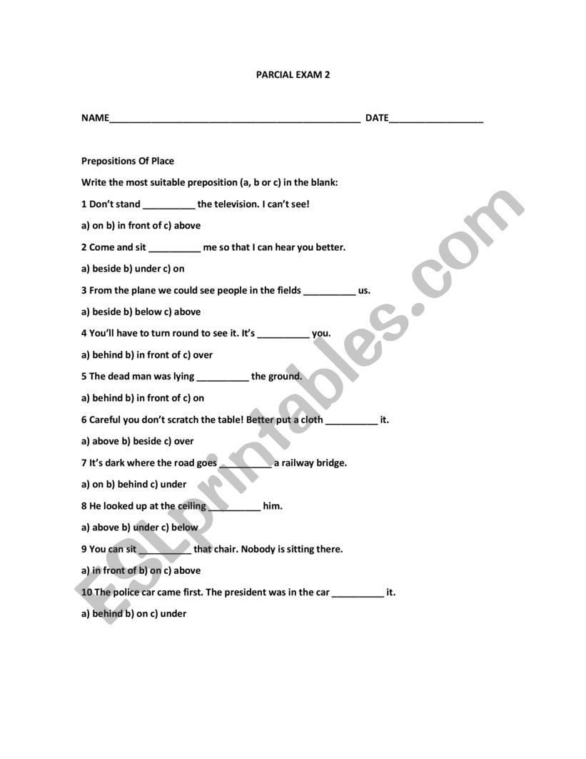 Partial Exam worksheet