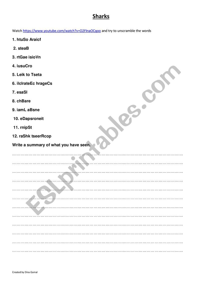 Shark Unscramble worksheet