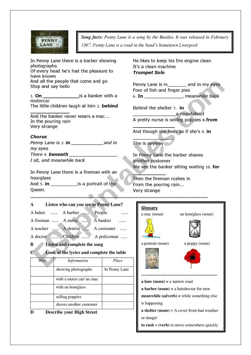 Prepositional phrases - Song - Penny Lane