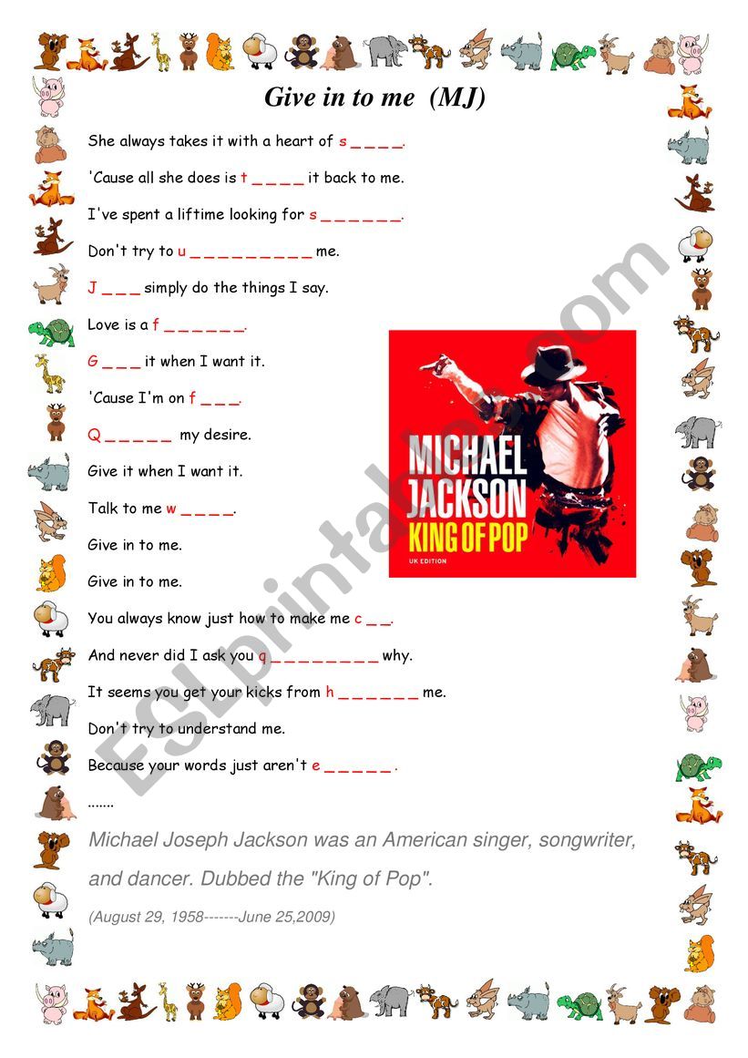  Give In To Me (MJ) worksheet
