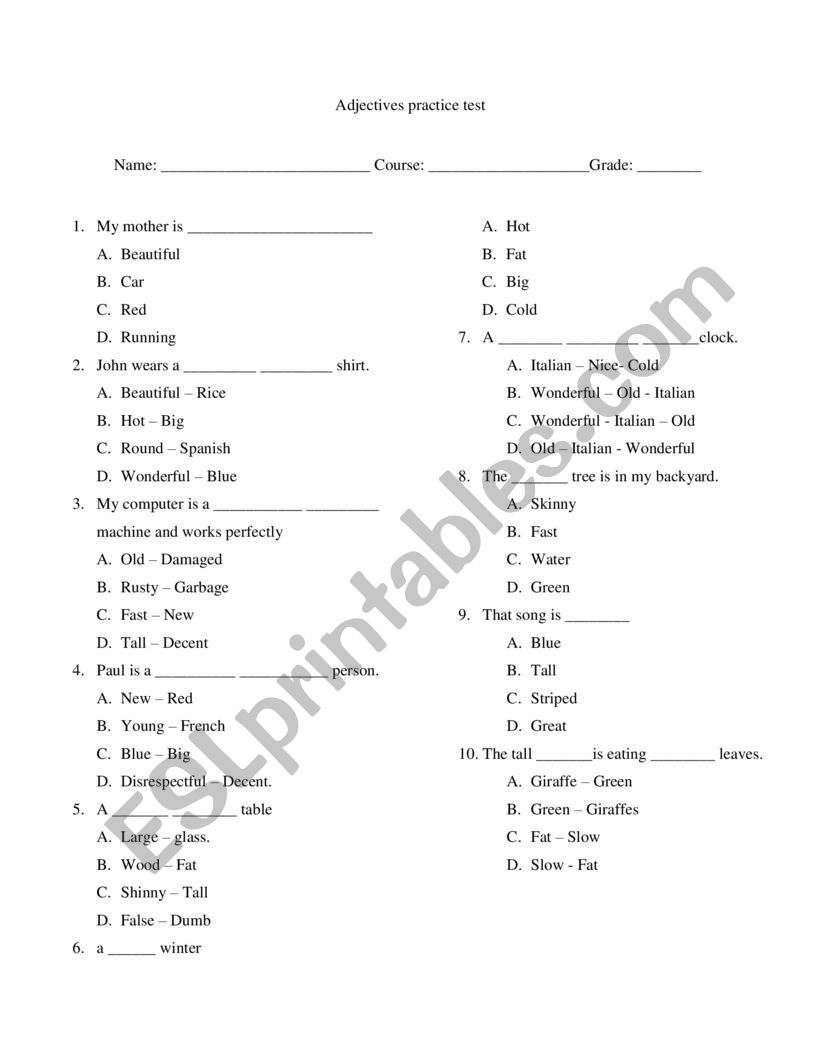 Adjectives practice test worksheet