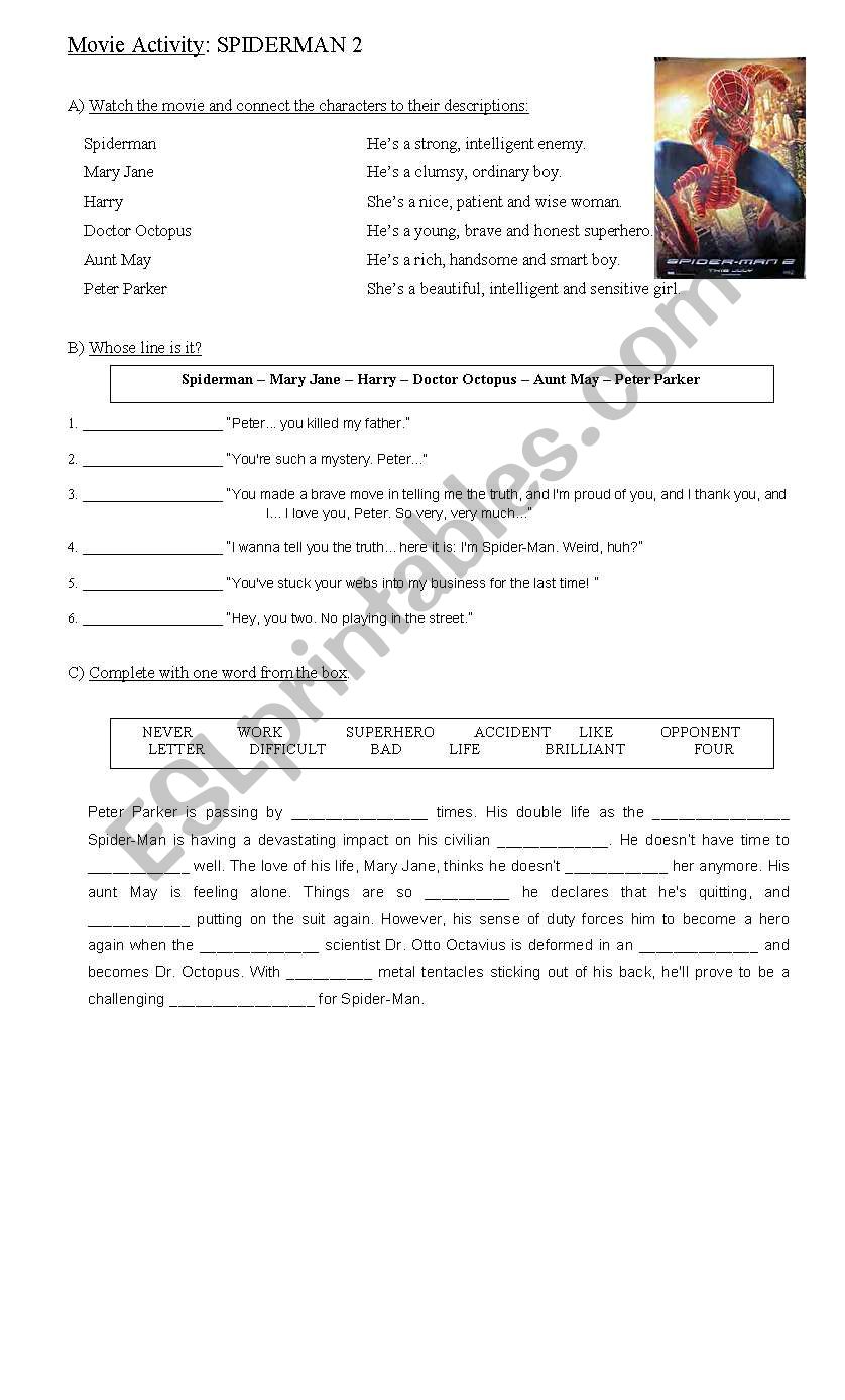 Movie Activity: Spiderman 2 worksheet