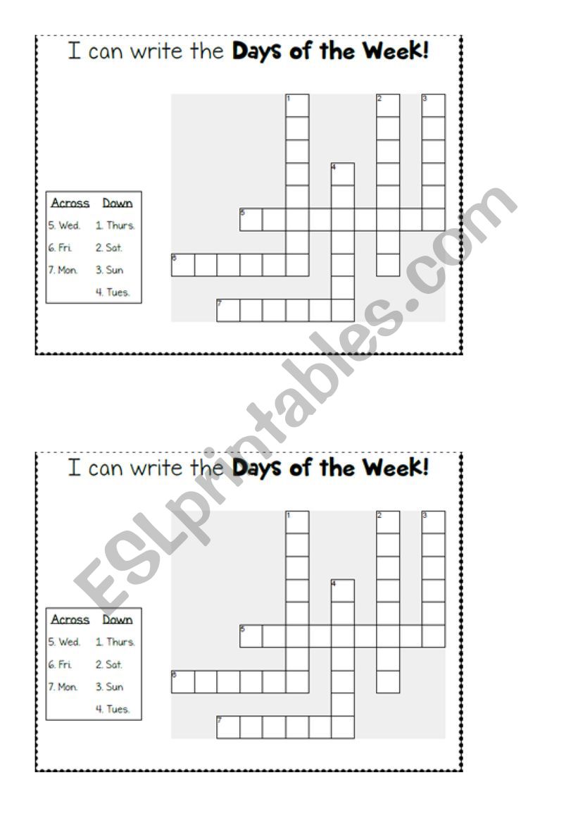 days of the week crossword worksheet