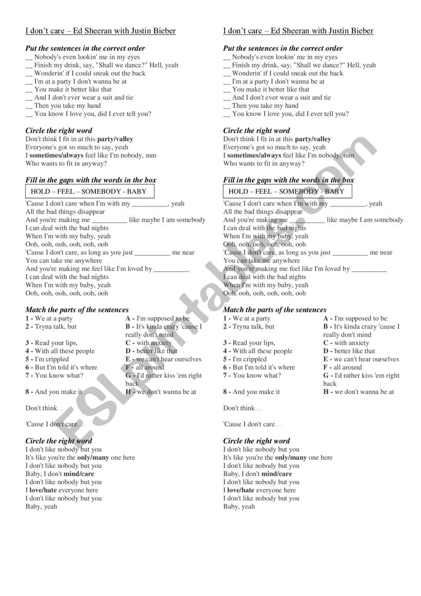 I Don T Care Song By Ed Sheeran With Justin Bieber Worksheet With Keys Esl Worksheet By Chifut