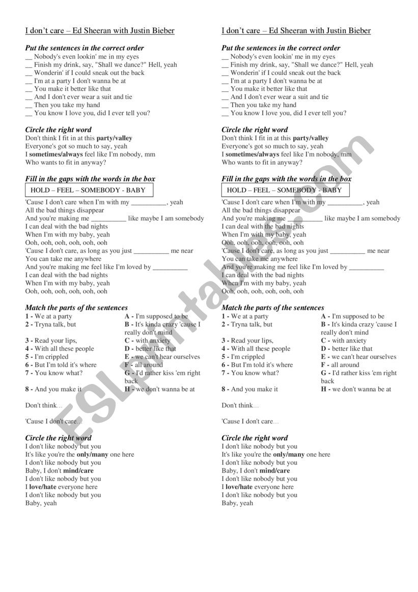 I dont care - song by Ed Sheeran with Justin Bieber - worksheet with keys