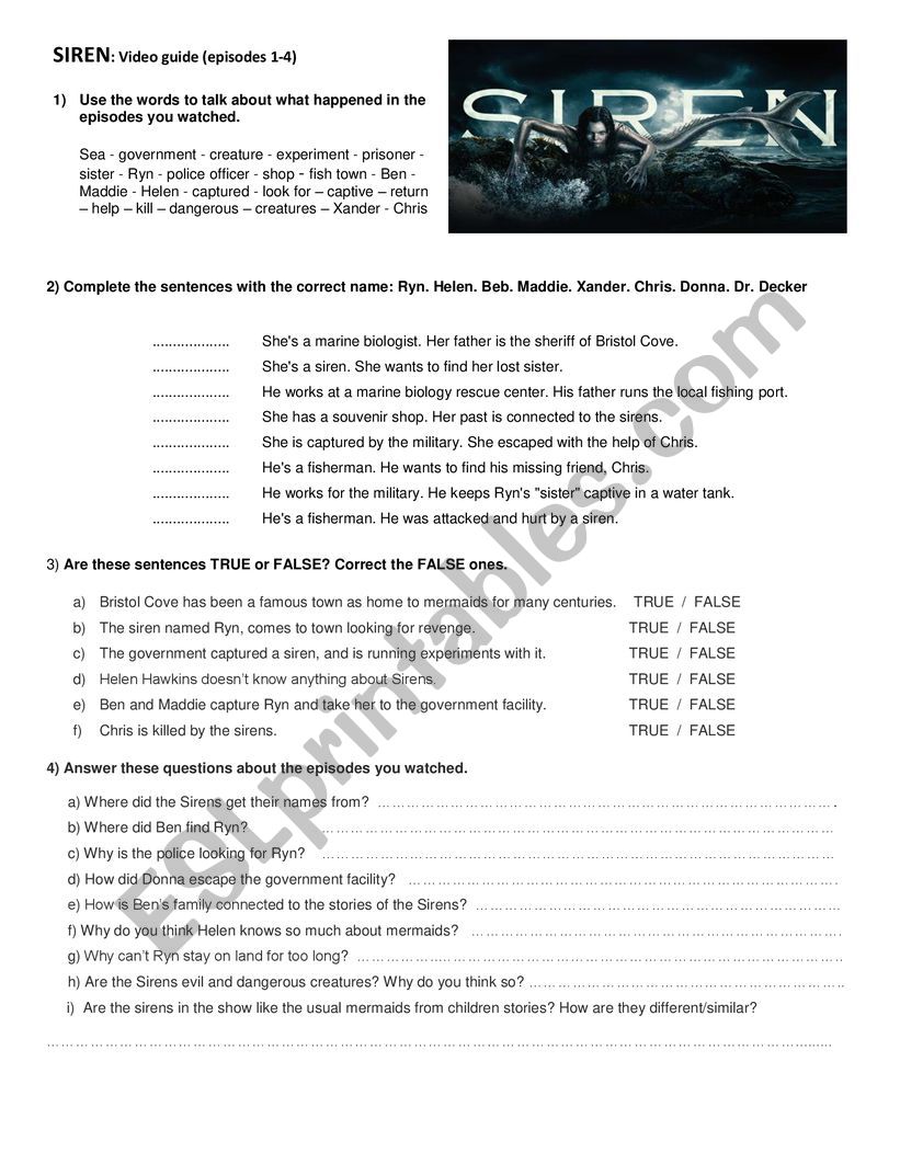 SIREN - Episodes 1-4 Video Worksheet