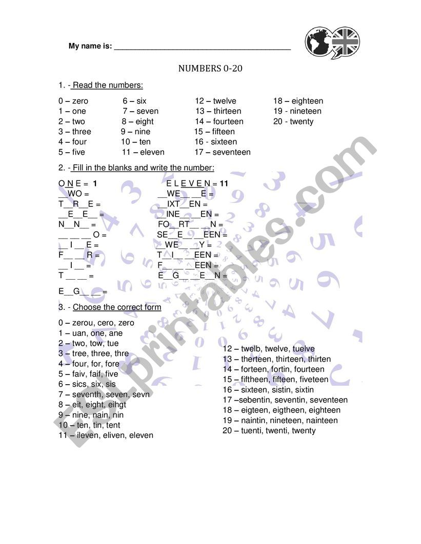 Numbers 0-20 worksheet