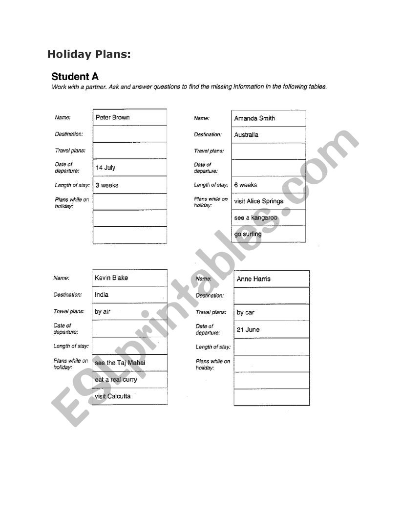 Holiday Plan  worksheet