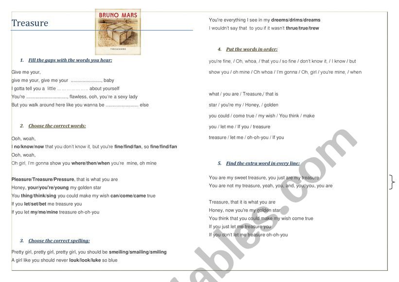 Lyrics _ treasure worksheet