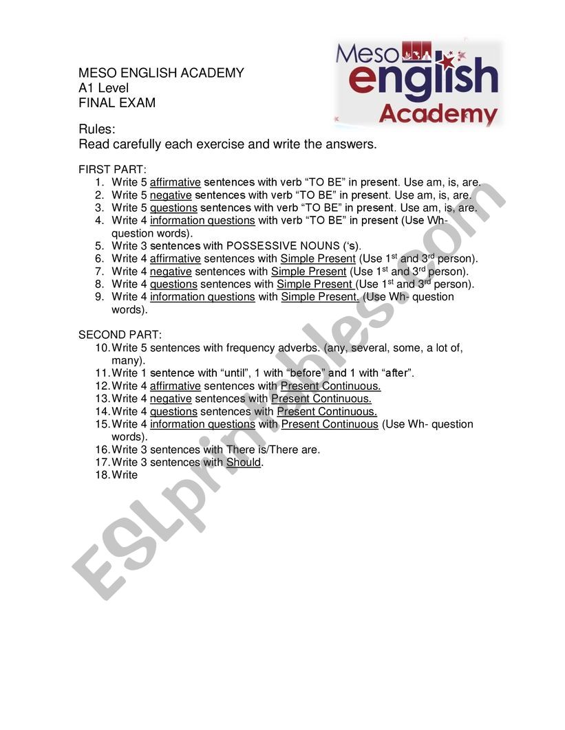 A1 LEVEL final exam example worksheet