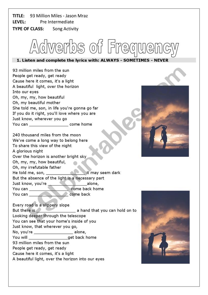 93 Million Miles - Jason Mraz worksheet