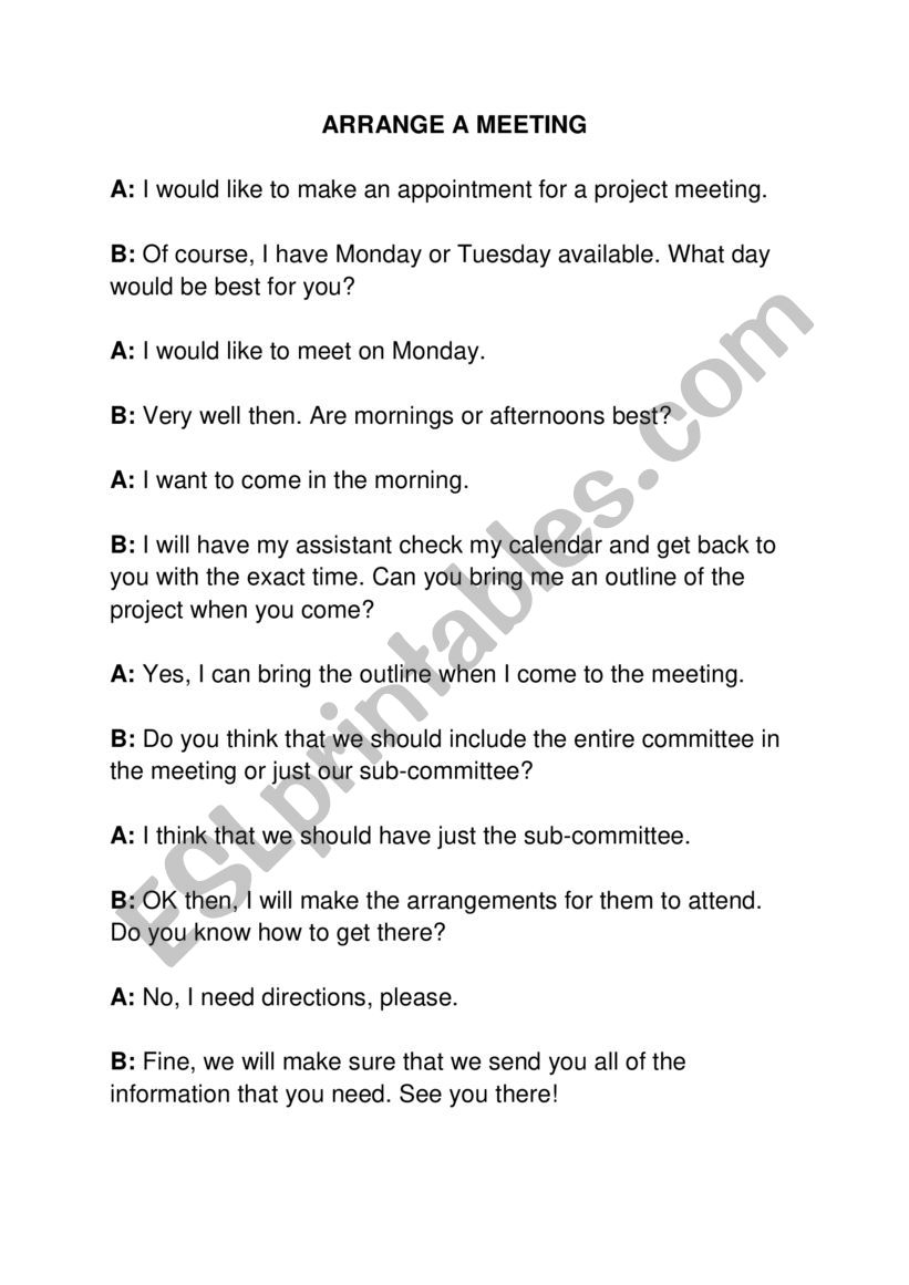 DIALOGUE ABOUT ARRANGING A MEETING ESL Worksheet By Luisanamn29 dialogue-about-arranging-a-meeting-esl-worksheet-by-luisanamn29