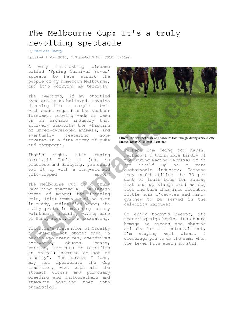 The Melbourne Cup Negative Article and Comprehension Questions