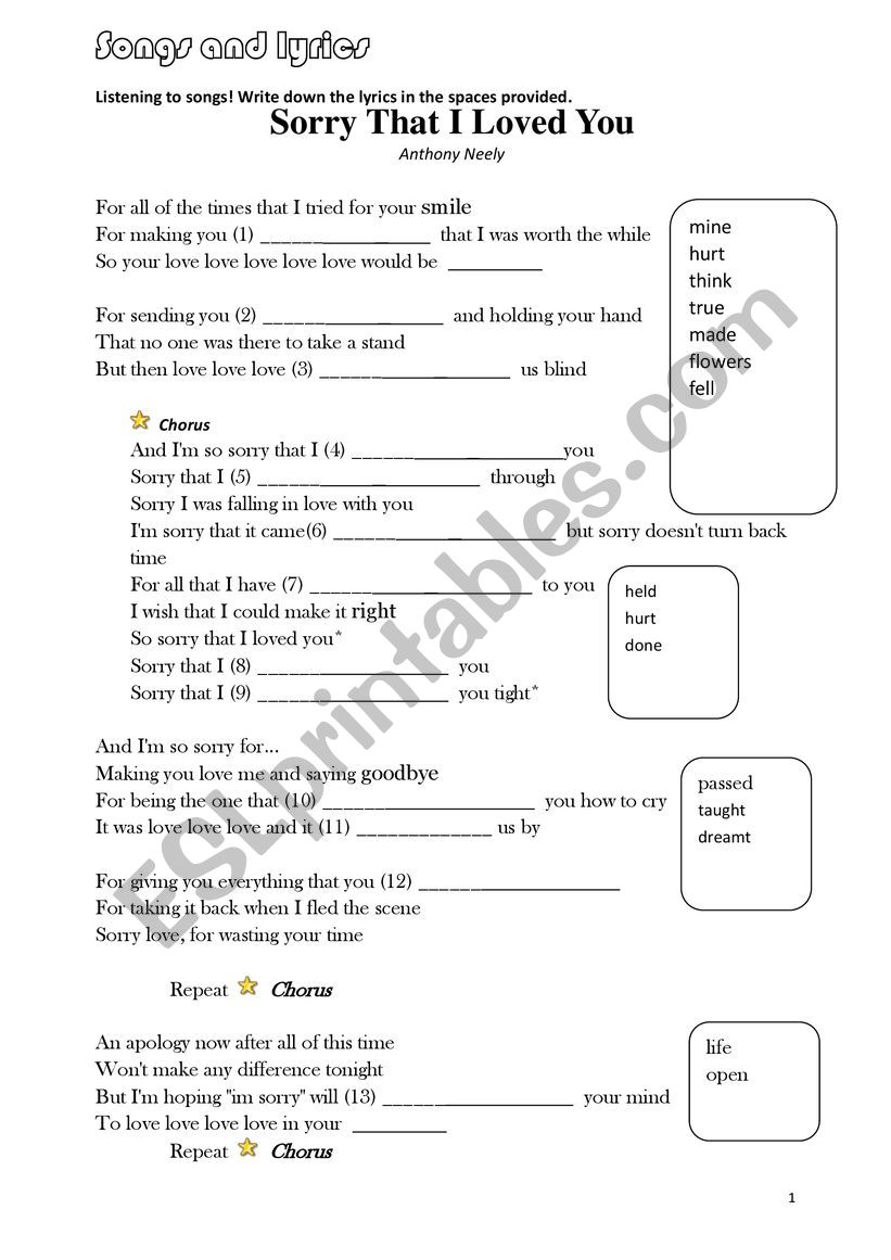 Song worksheet: Sorry that I loved you & Falling Slowly