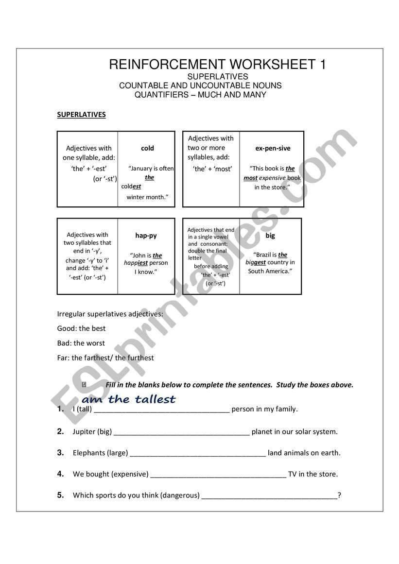 Reinforcement - Quantifiers (Many and much) / Superlatives / Countable and Uncountable Nouns