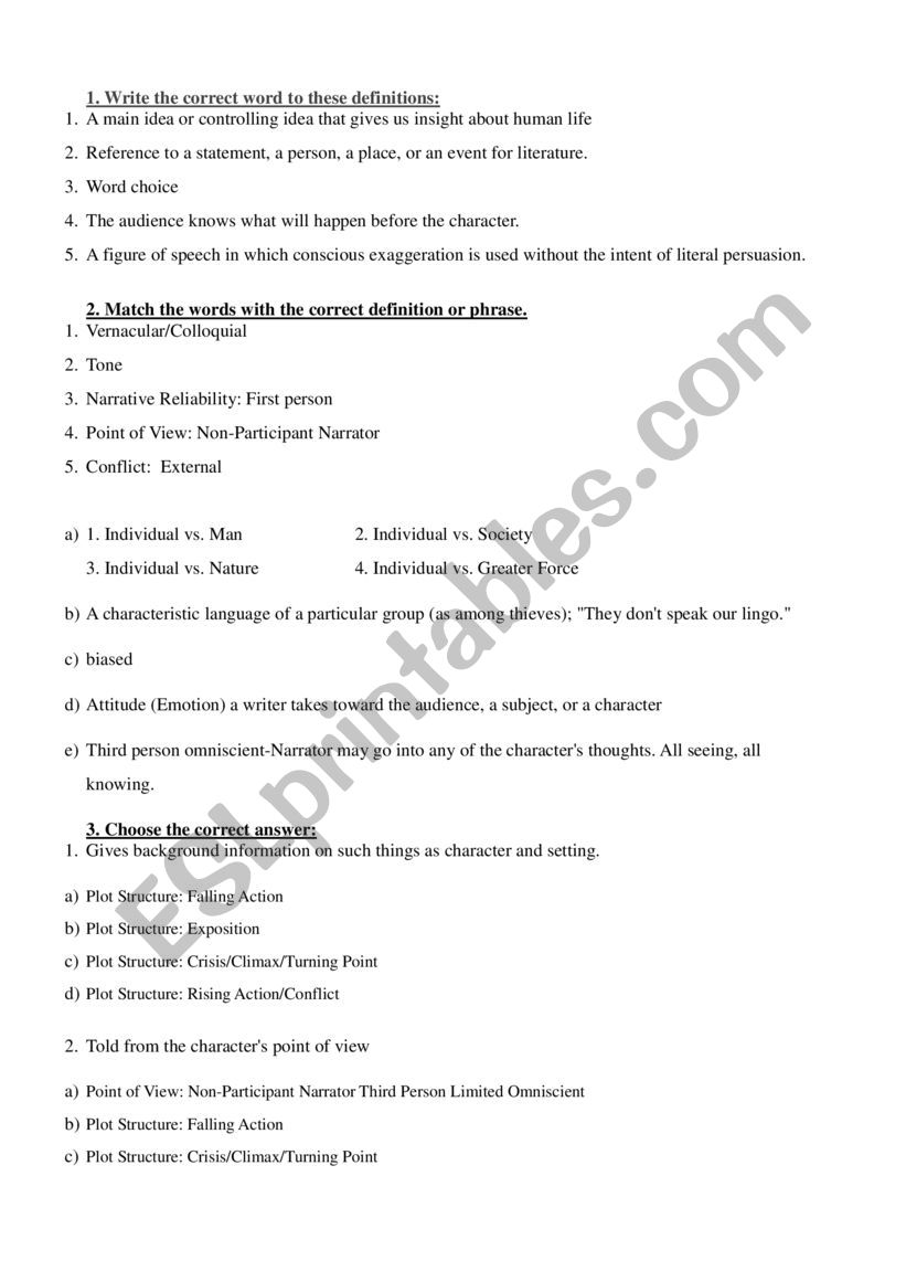 Literary devices - TEST + KEY worksheet