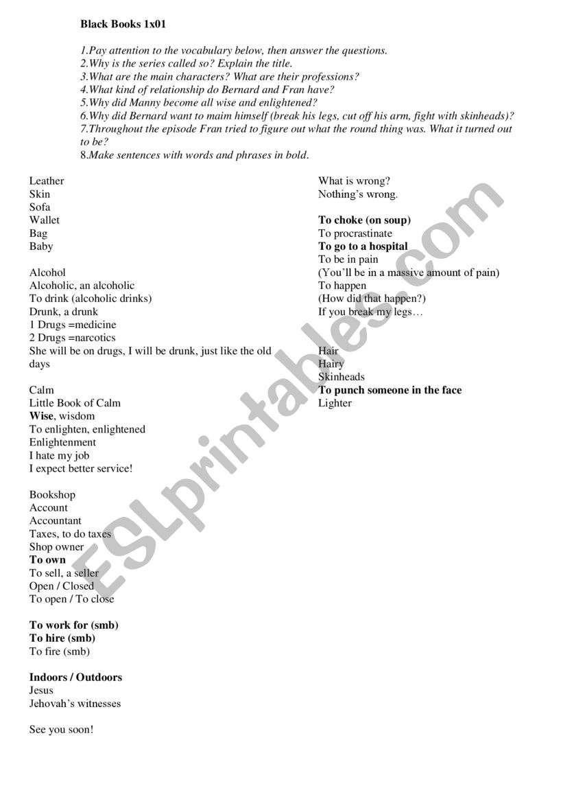 Black Books Season 1 Episode 1 Worksheet