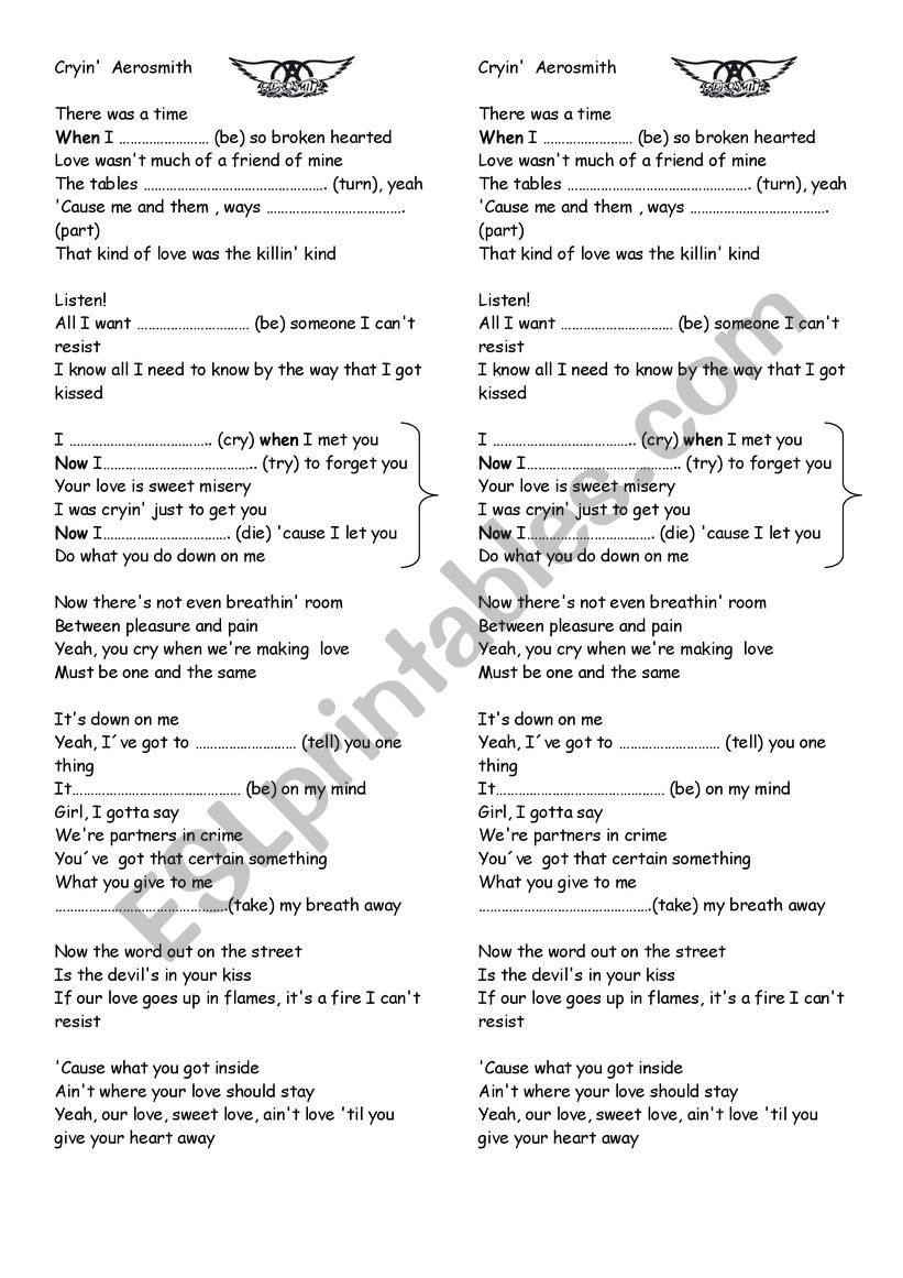 Song: Crying - Aerosmith worksheet