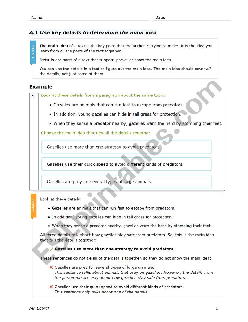 Main Idea worksheet