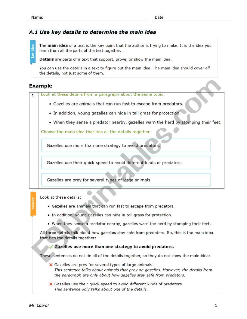 Main Idea worksheet