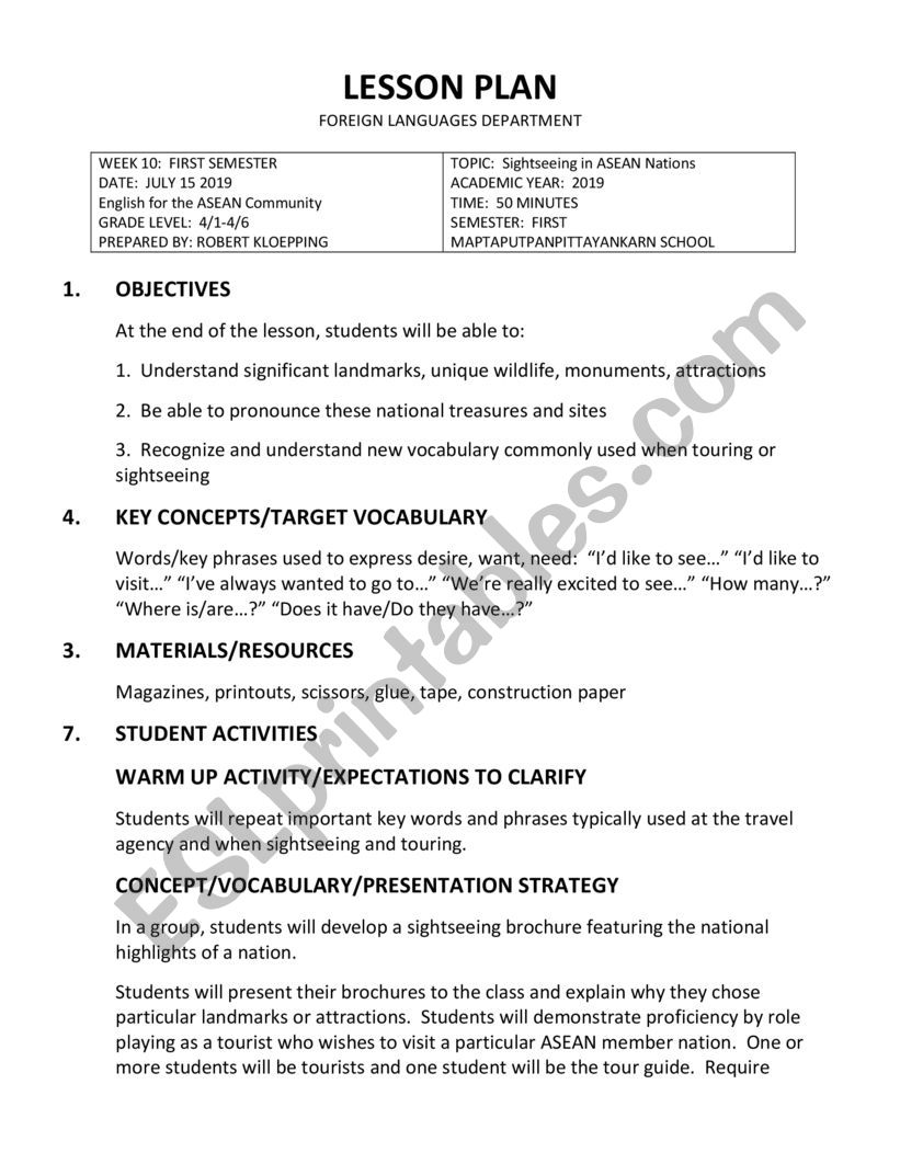 ASEAN English Lesson Plan worksheet