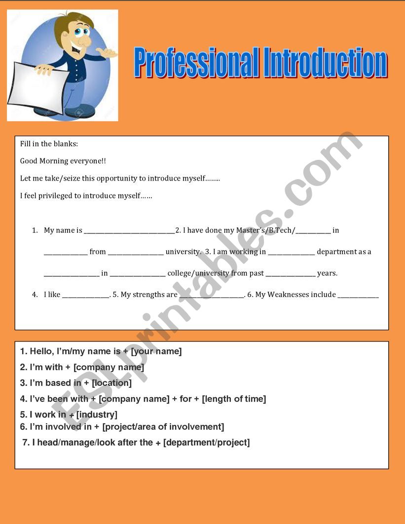 Professional Introduction worksheet