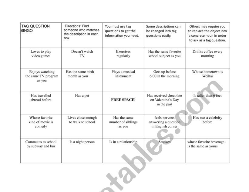 Tag Questions Bingo worksheet