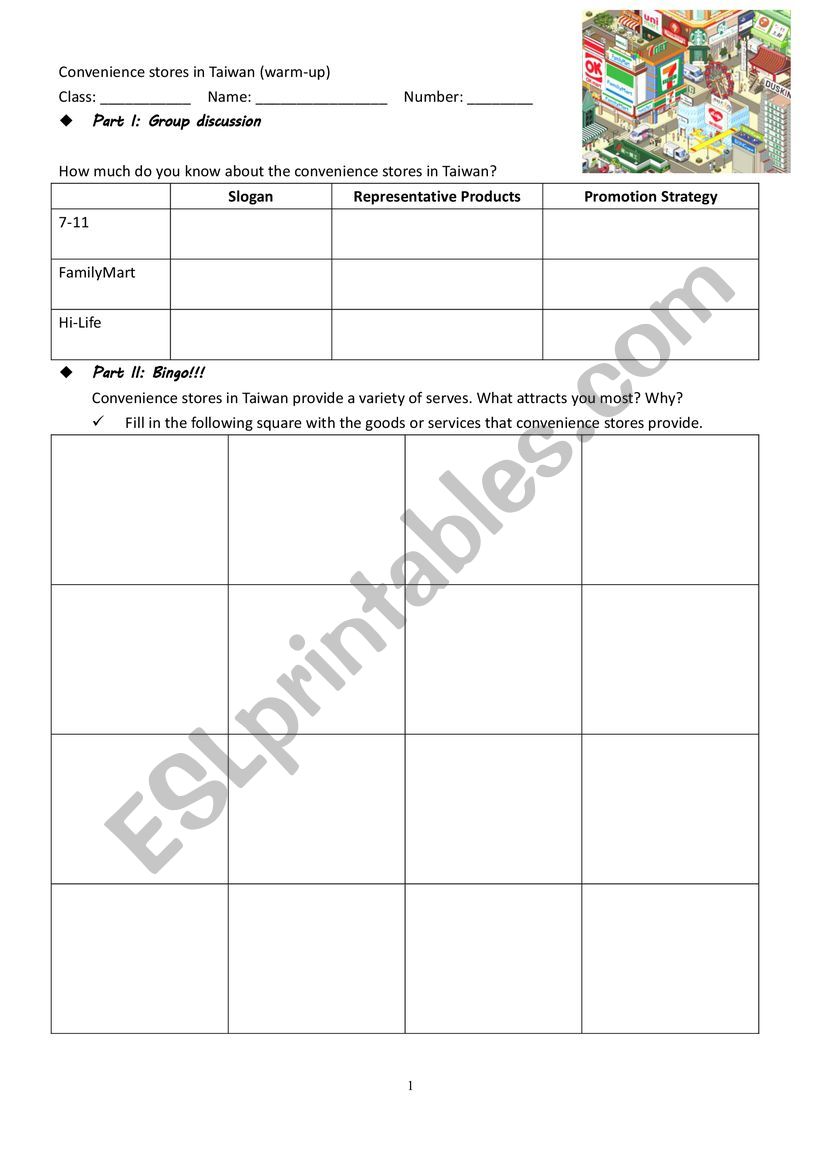 convenience stores in Taiwan worksheet