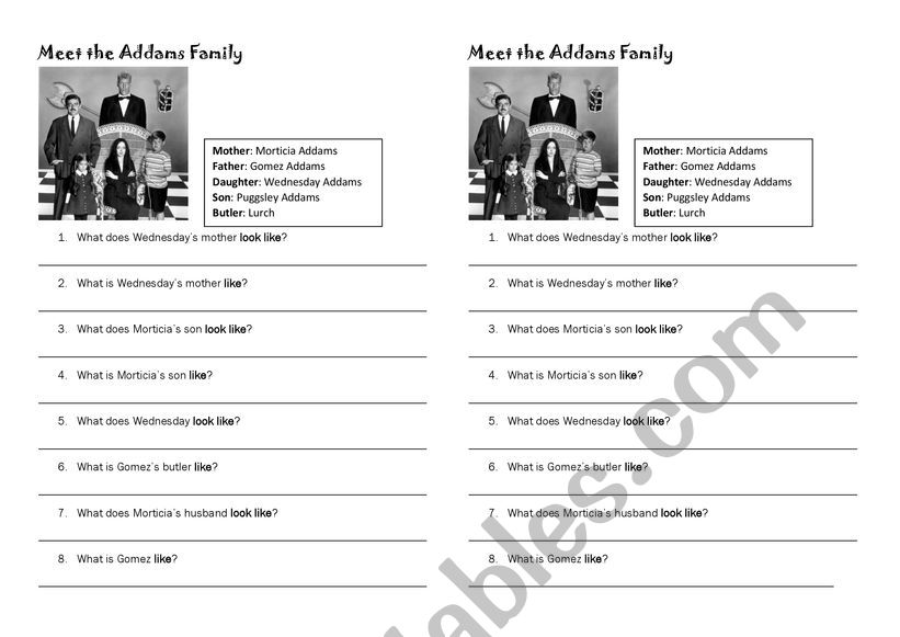 Describing the Addams Family  worksheet