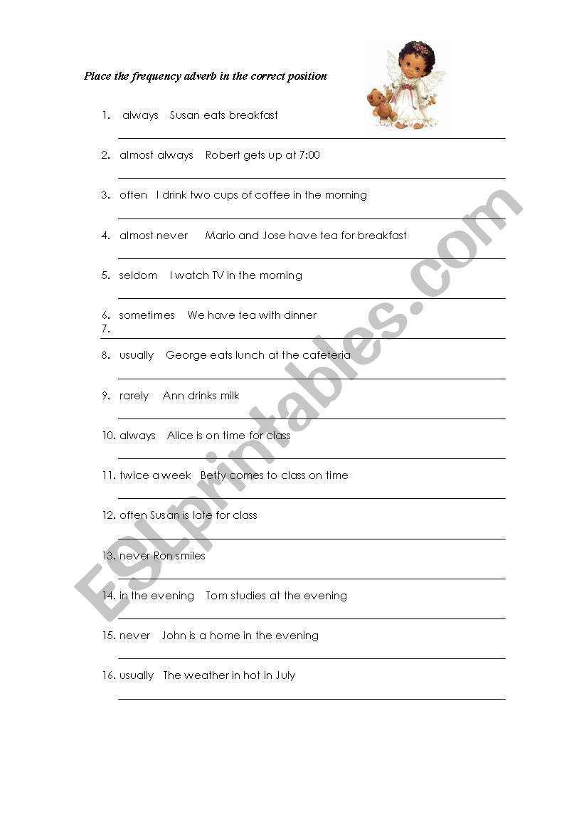 Place the frequency adverb worksheet
