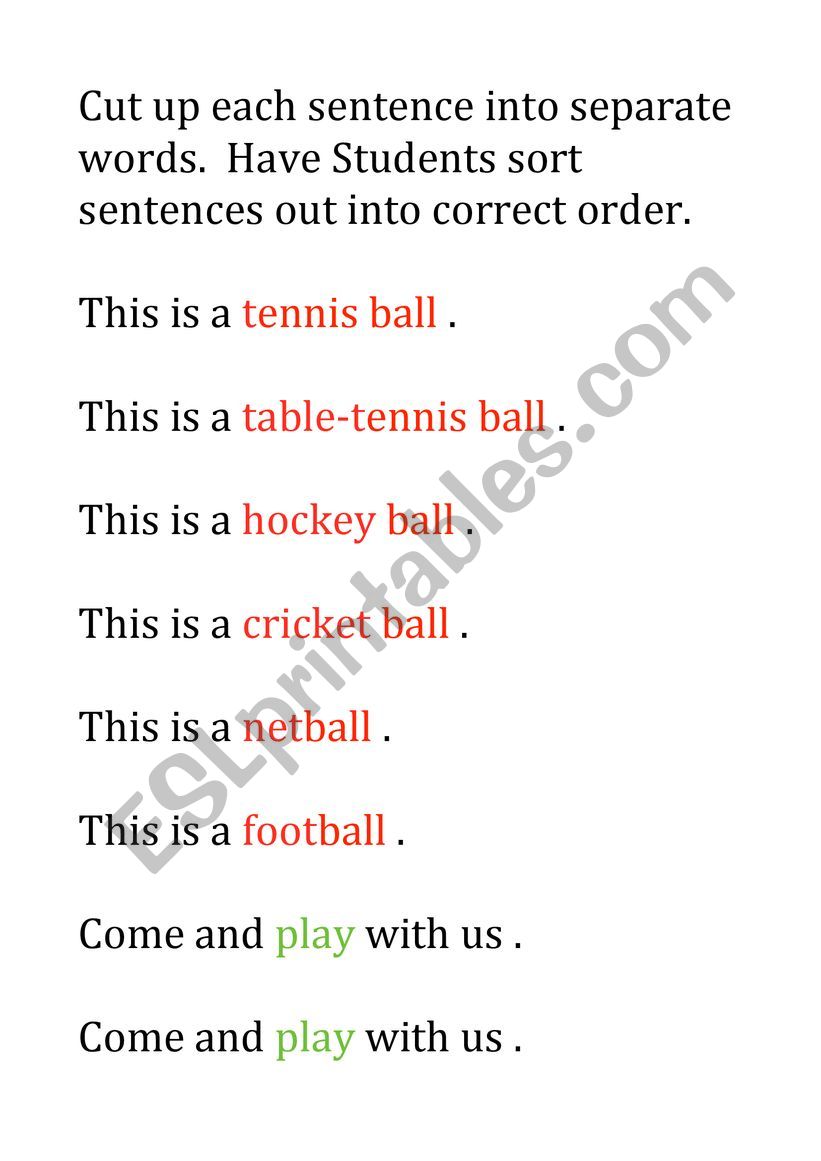 Ball Games Sentence Builder worksheet