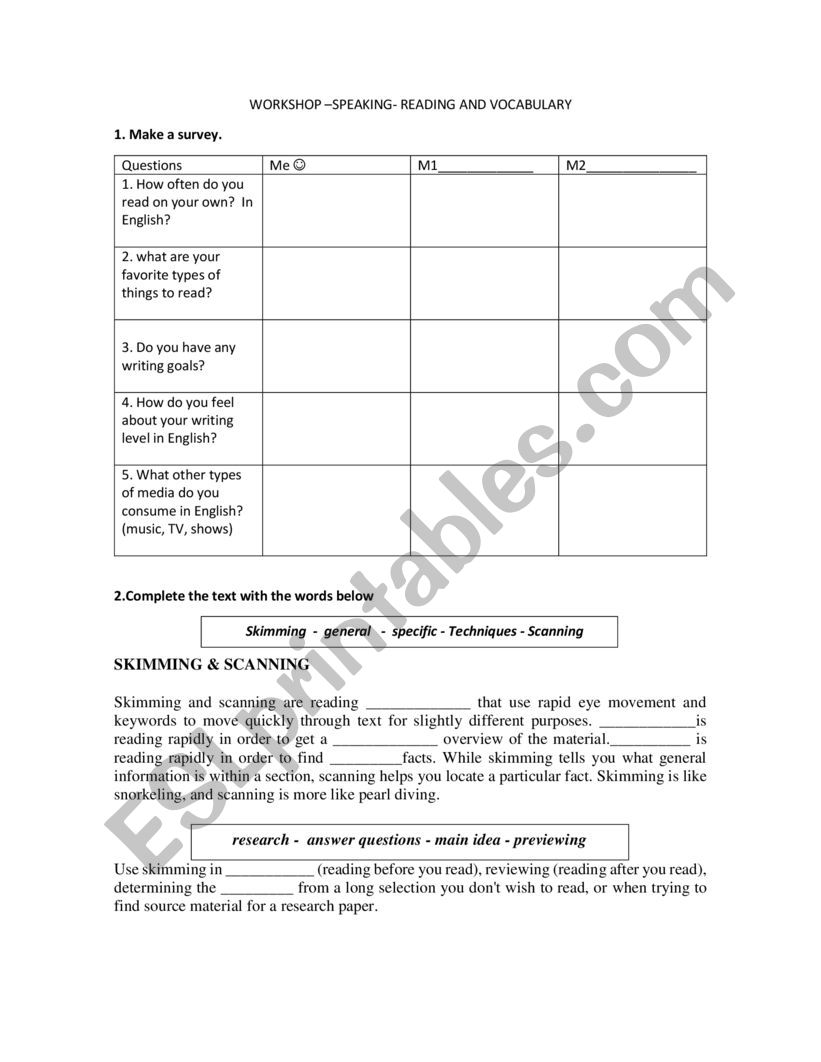 SKIMMING AND SCANNING  worksheet