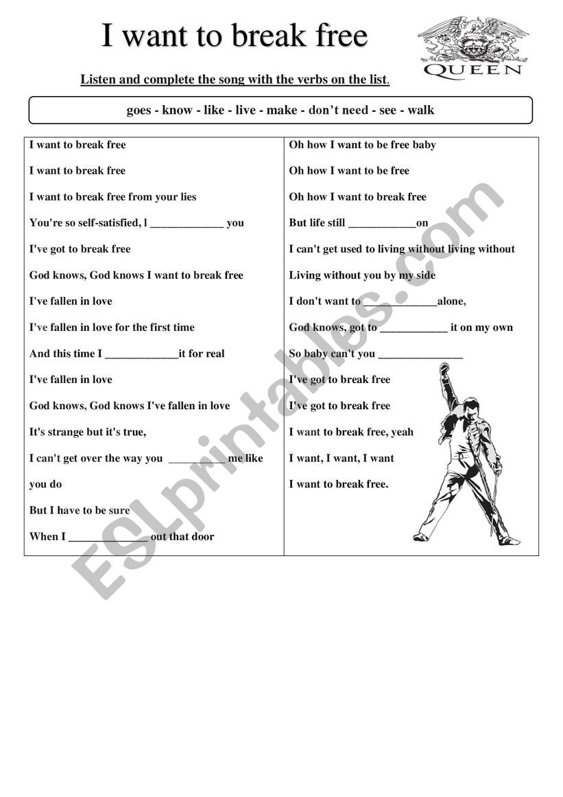 i want to break free song worksheet