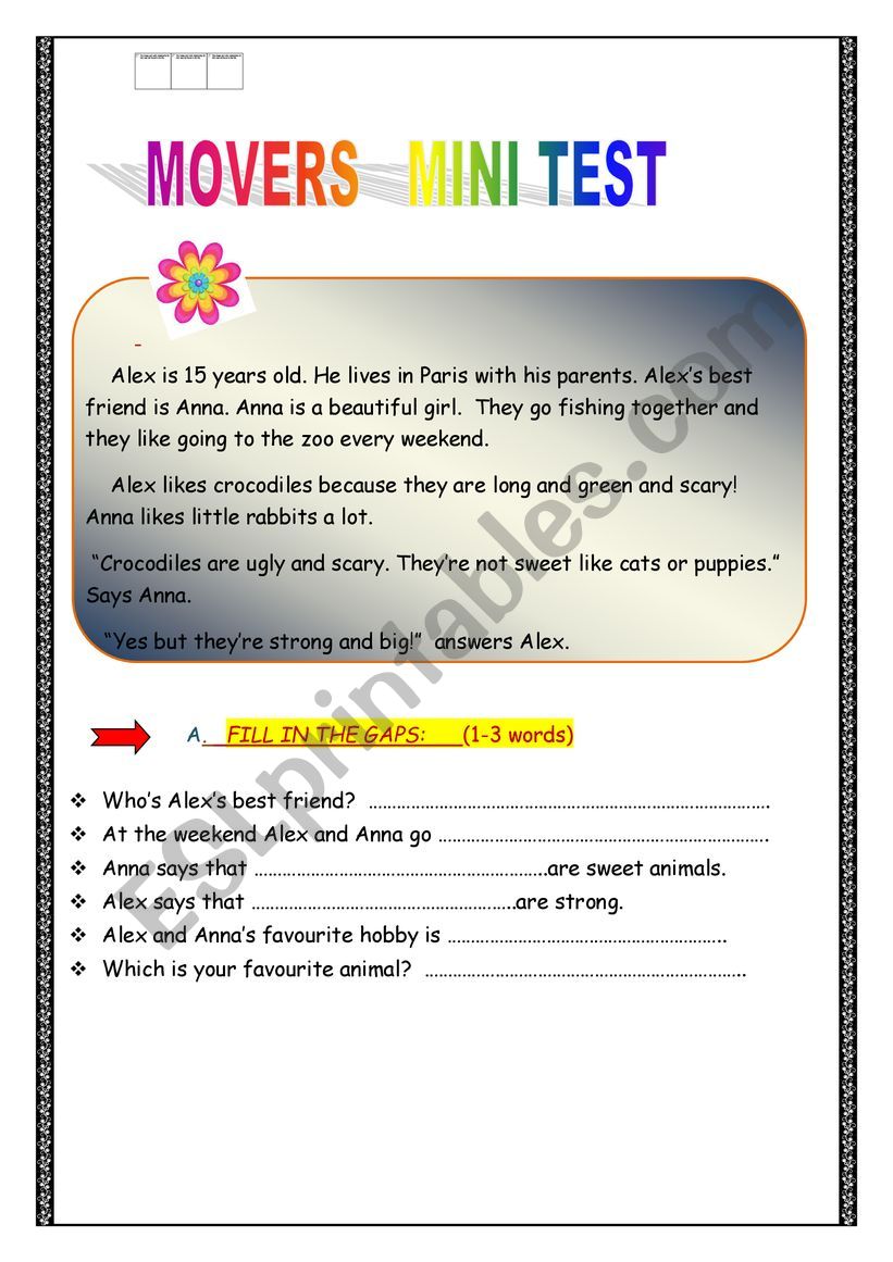 MOVERS MINI TEST !! worksheet