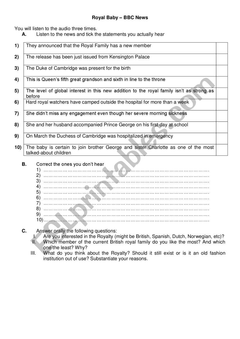 Royal baby - Listening comprehension