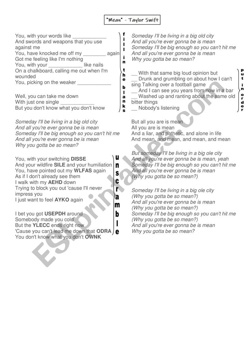 Mean by Taylor Swift worksheet