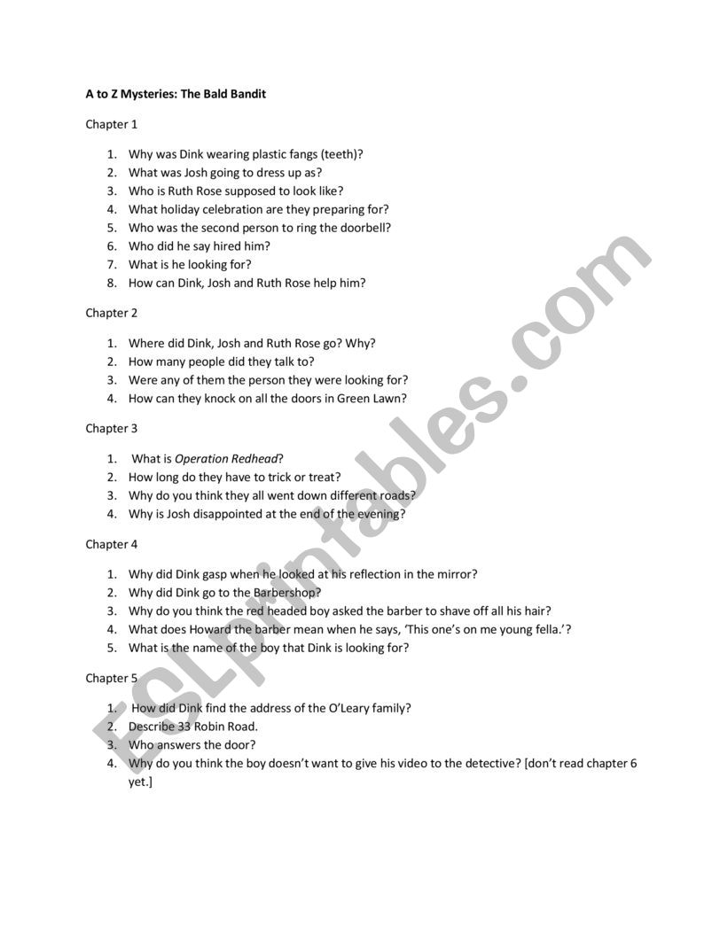 Bald Bandit worksheet