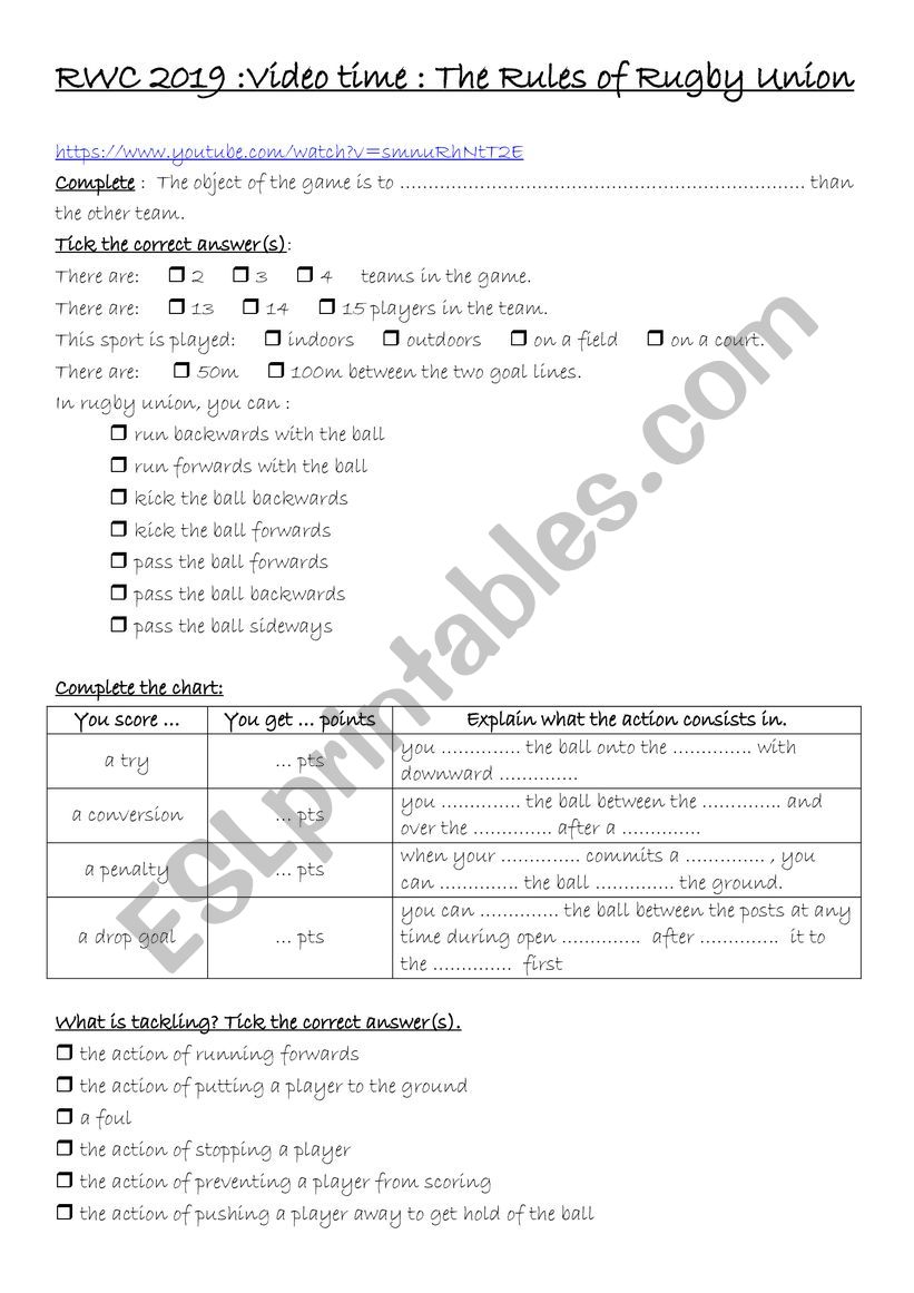 Video Time : Rugby worksheet