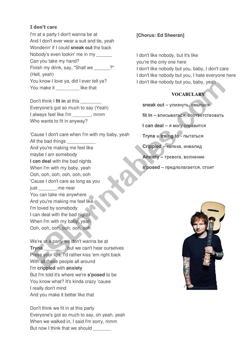 Ed Sheeran - I dont care worksheet