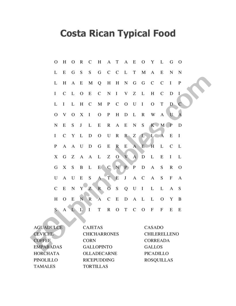 Costa Rican Typical Food worksheet