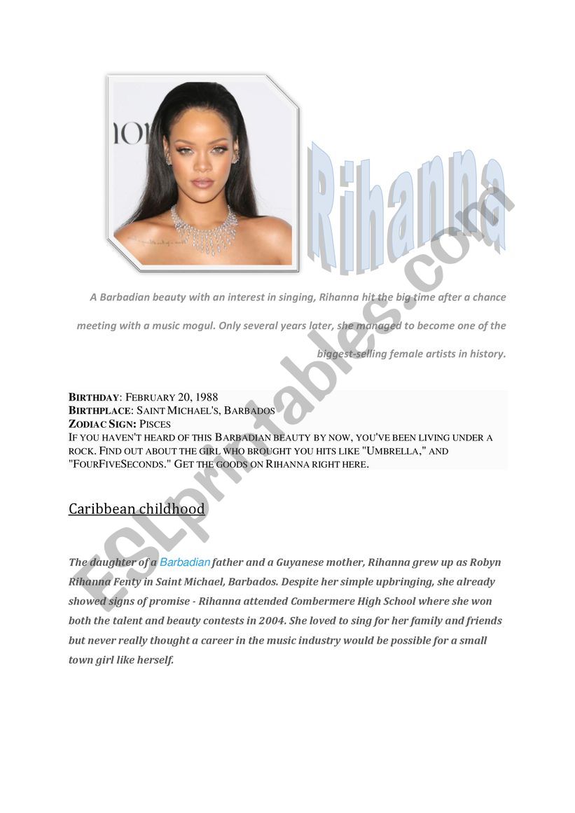 Rihanna Biography reading Past Simple Present Perfect tasks