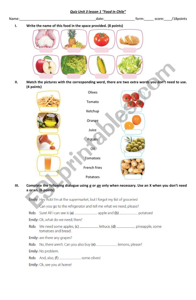 food in Chile worksheet