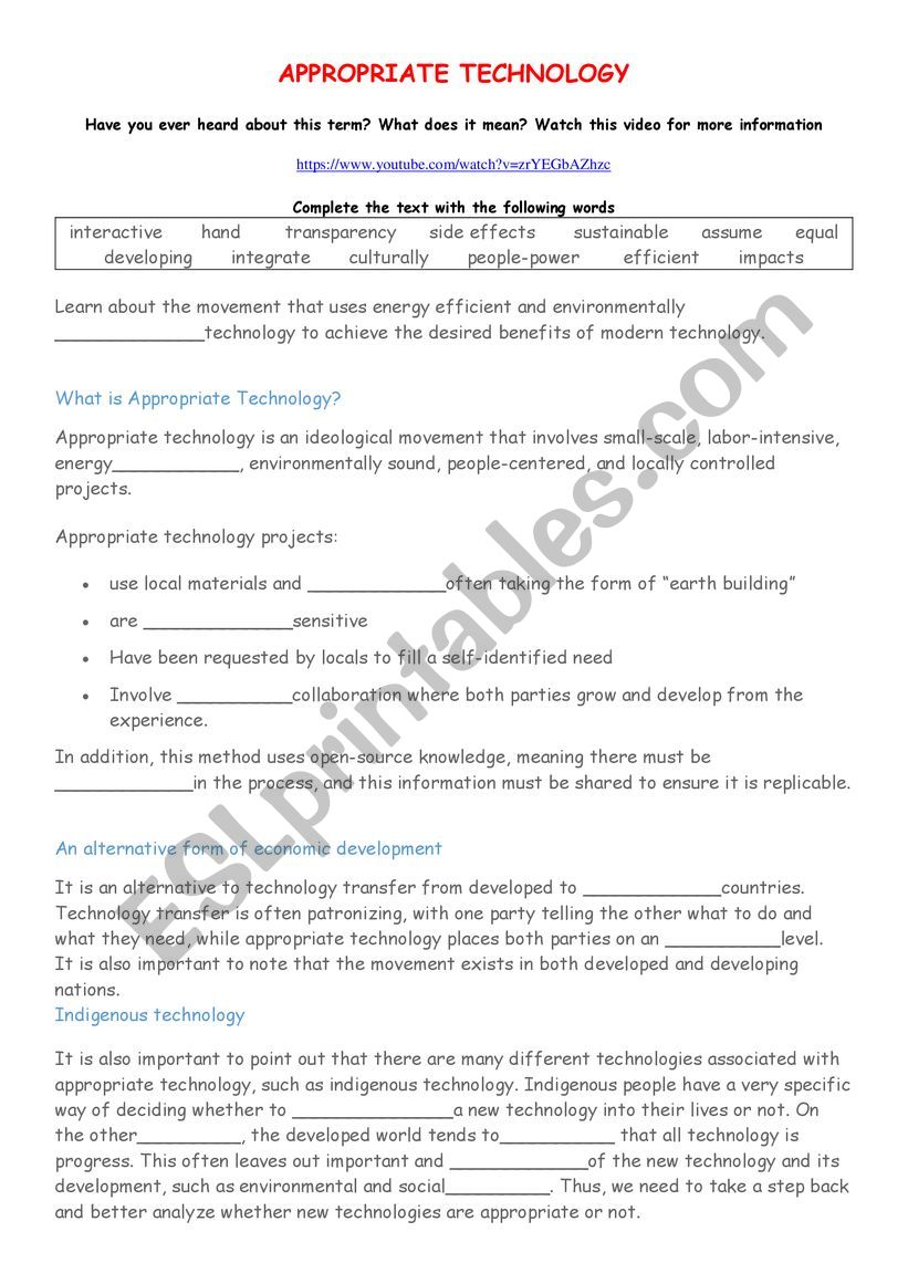 APPROPRIATE TECHNOLOGY worksheet