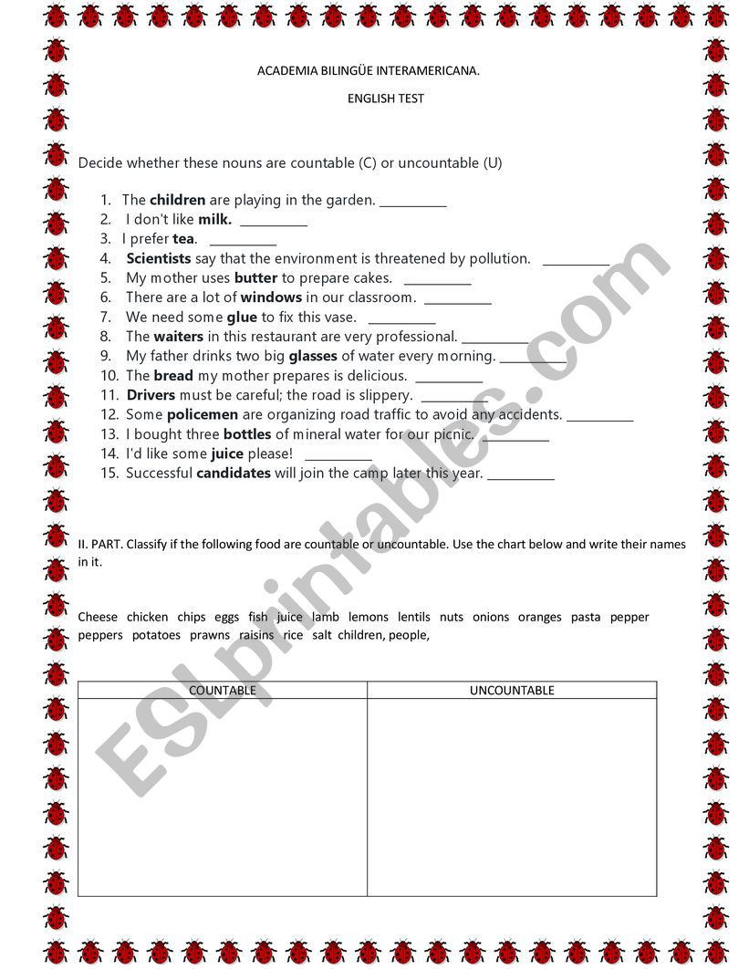 count and non count nouns worksheet