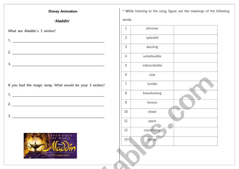 a whole new world - aladdin worksheet