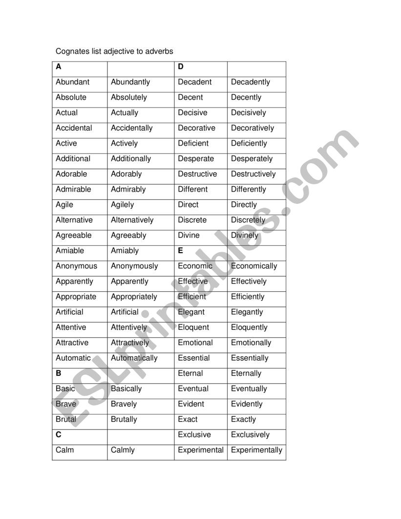 Cognates EN-SP Adjective to Adverb